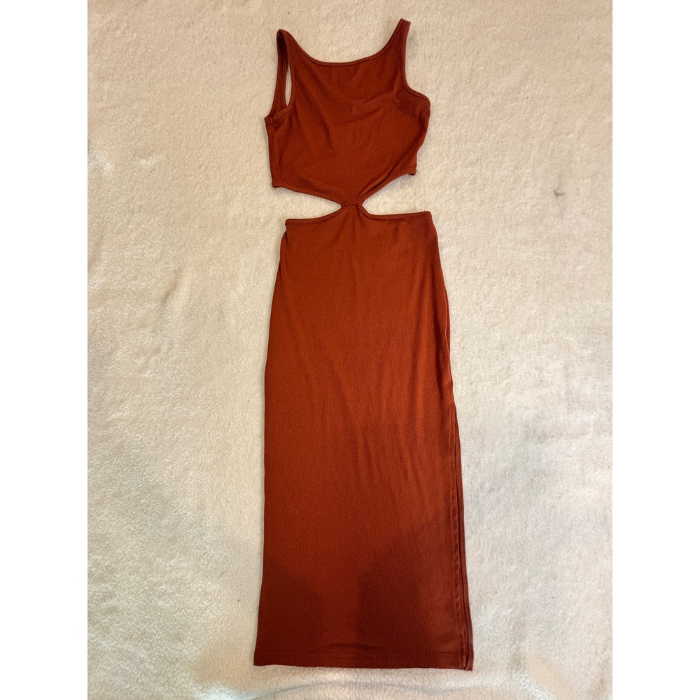 Hello Molly Rust Ribbed Cutout Midi Dress Sleeveless Side Slit US 2 XS